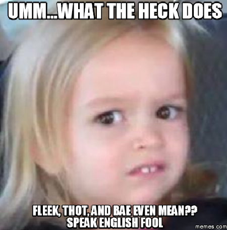 Umm...what the heck does fleek, thot, and bae even mean?? speak english ...